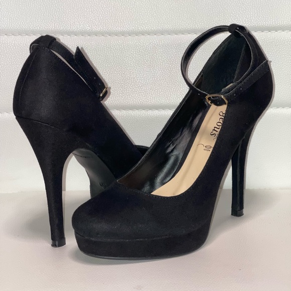 New Look Faux Suede Black Ankle Strap Platform Pump Shoes - Picture 1 of 4